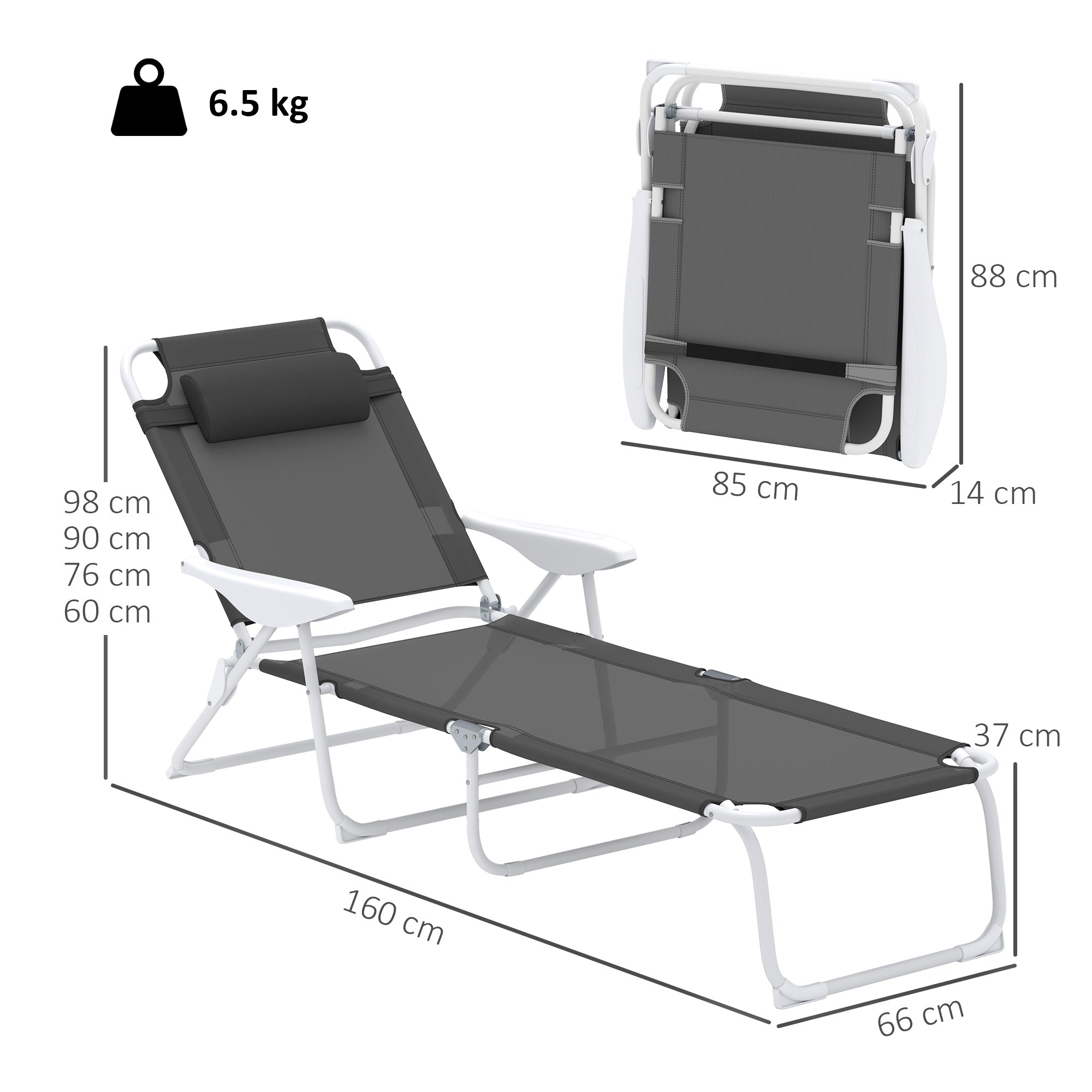 Outsunny Foldable Lounge Chair with 4-Level Adjustable Backrest & Headrest - Charcoal Grey - North Peak Garden Furniture
