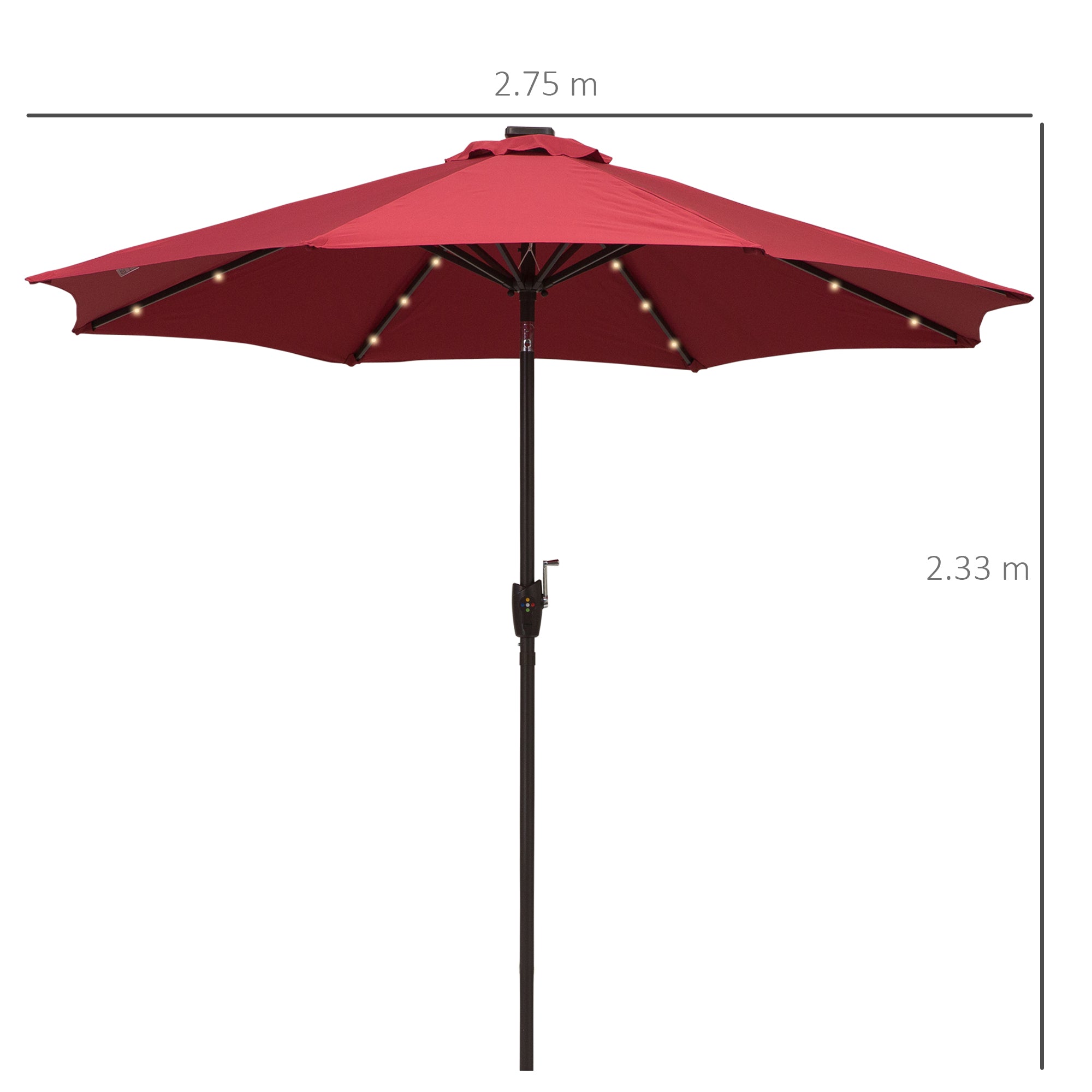 Outsunny Φ2.7m Garden 24 LED Light Parasol Solar Outdoor Tilt Sun Umbrella Patio Club Party Event Manual Sun Shade w/ Hand Crank and 8 Ribs, Red - North Peak Garden Furniture