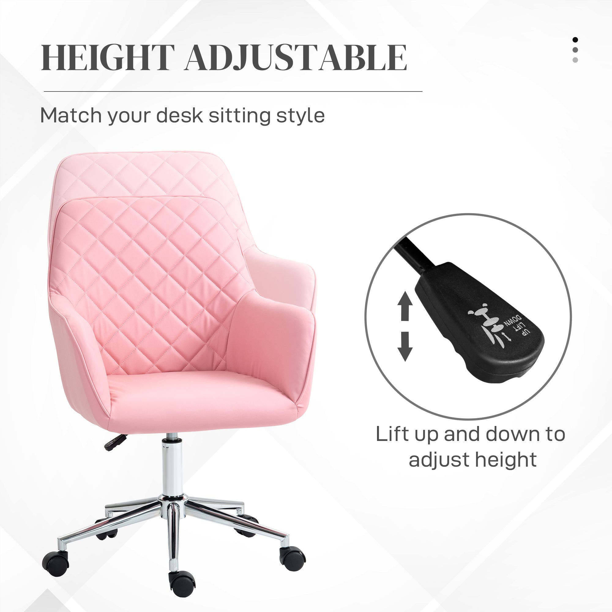 Vinsetto Office Desk Chair, Leather-Feel Fabric Computer Swivel Chair with Rolling Wheels and Adjustable Height for Home, Pink - North Peak Garden Furniture