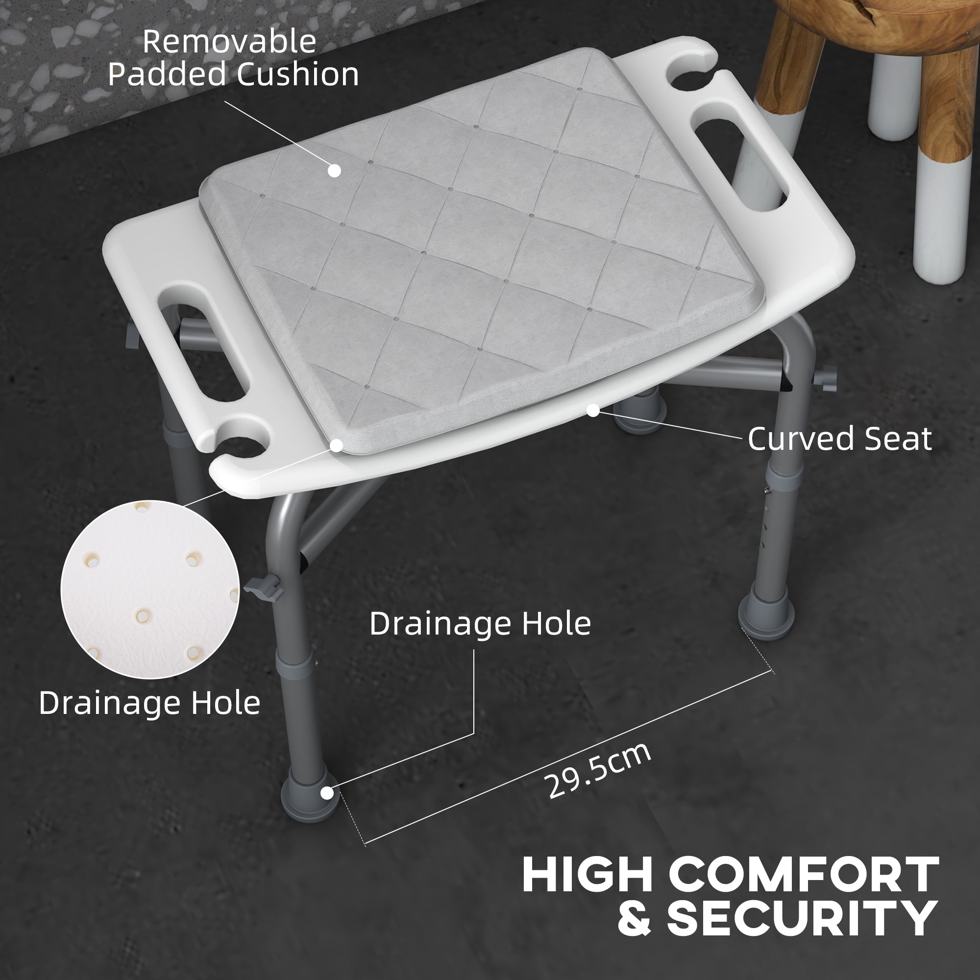 HOMCOM Aluminium Shower Stool for Elderly, Height Adjustable Shower Seat with Removable Padded Cushion, Shower Head Holder, Non-Slip Bath Stool for Seniors, Disabled, Pregnant, White