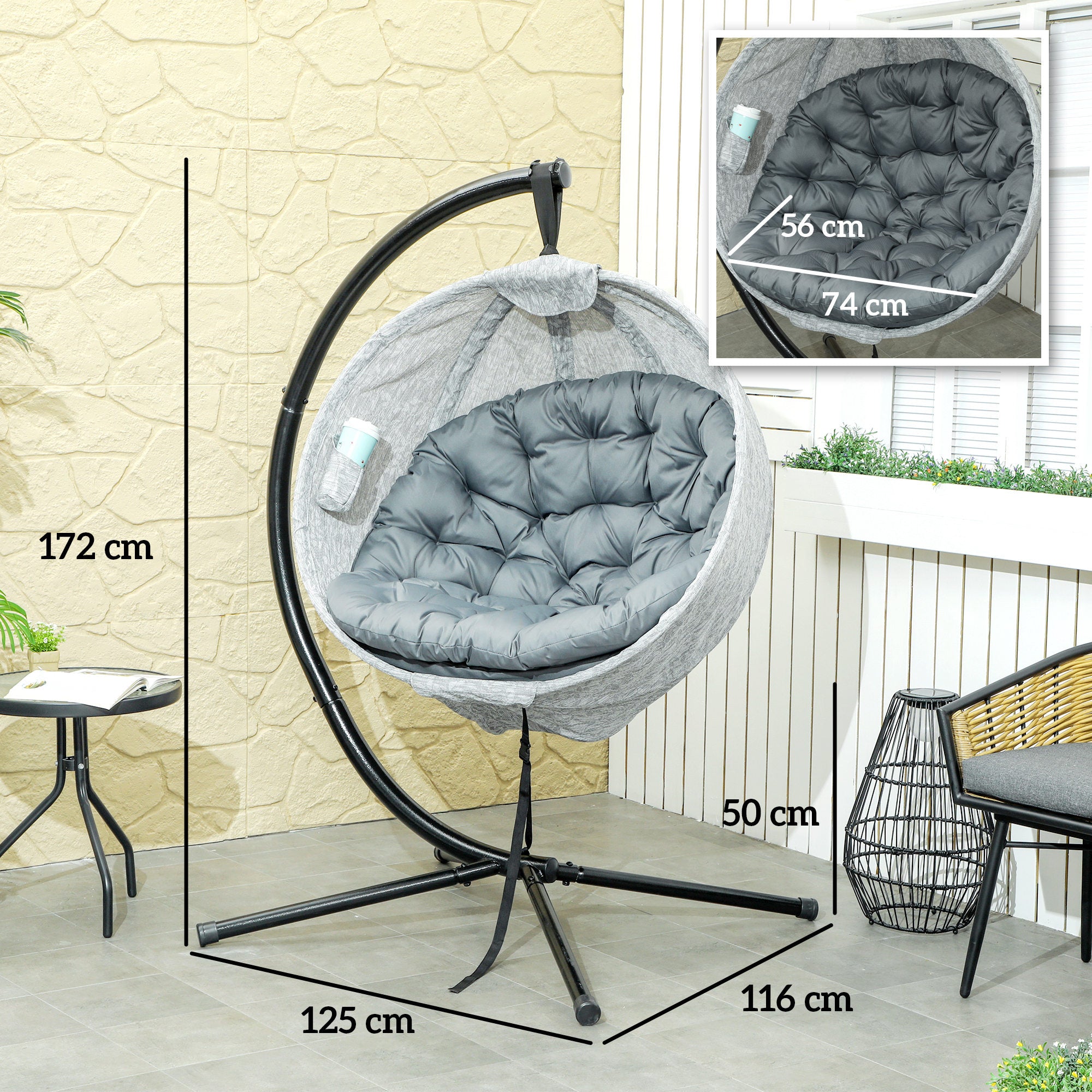 Outsunny Hanging Egg Chair Outdoor Indoor Garden Swing Chair with Folding Basket, Garden Hanging Chair with Stand, Thickened Cushion, Cup Holder for Patio, Balcony, Grey