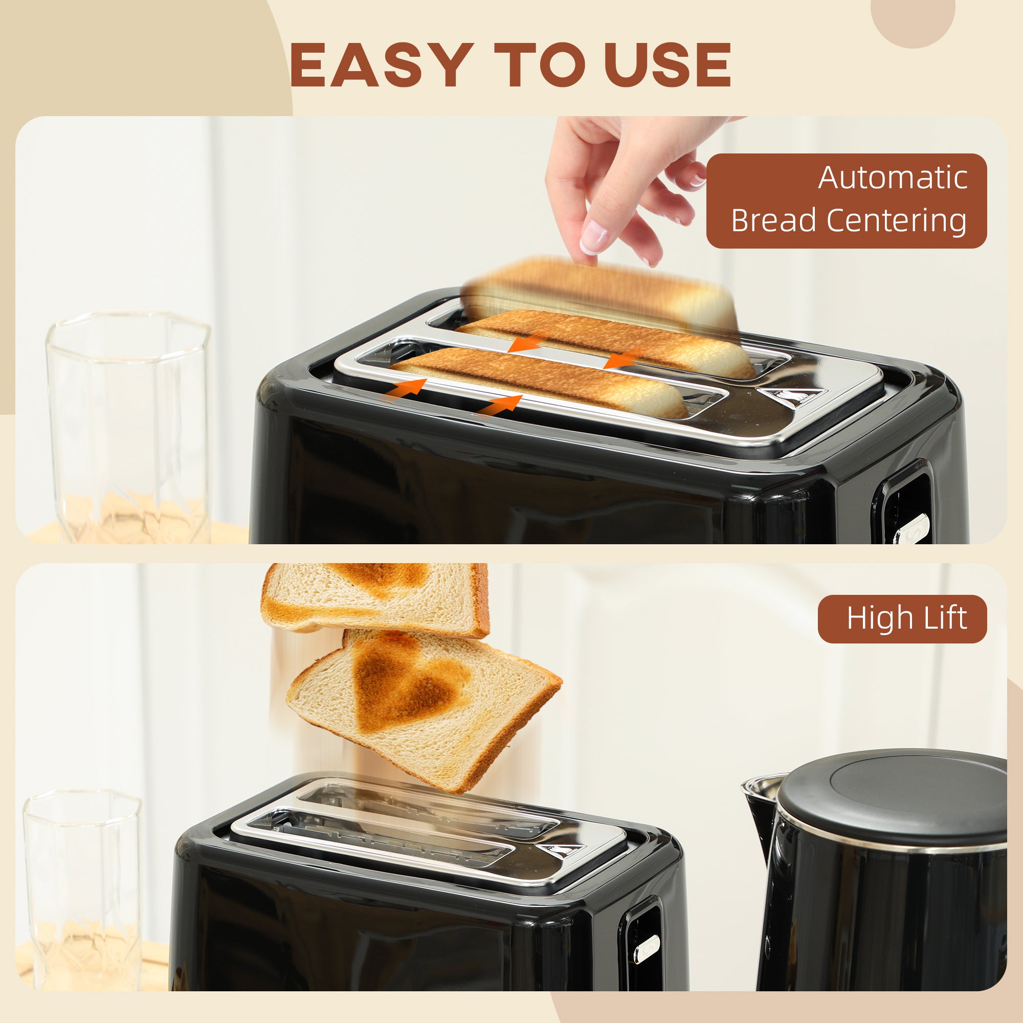 HOMCOM Kettle and Toaster Set, 1.5L 3000W Fast Boil Kettle with Insulation & 2 Slice Toaster Kitchen Set with 7 Level Browning Controls, Defrost, Reheat and Crumb Tray, Black - North Peak Garden Furniture