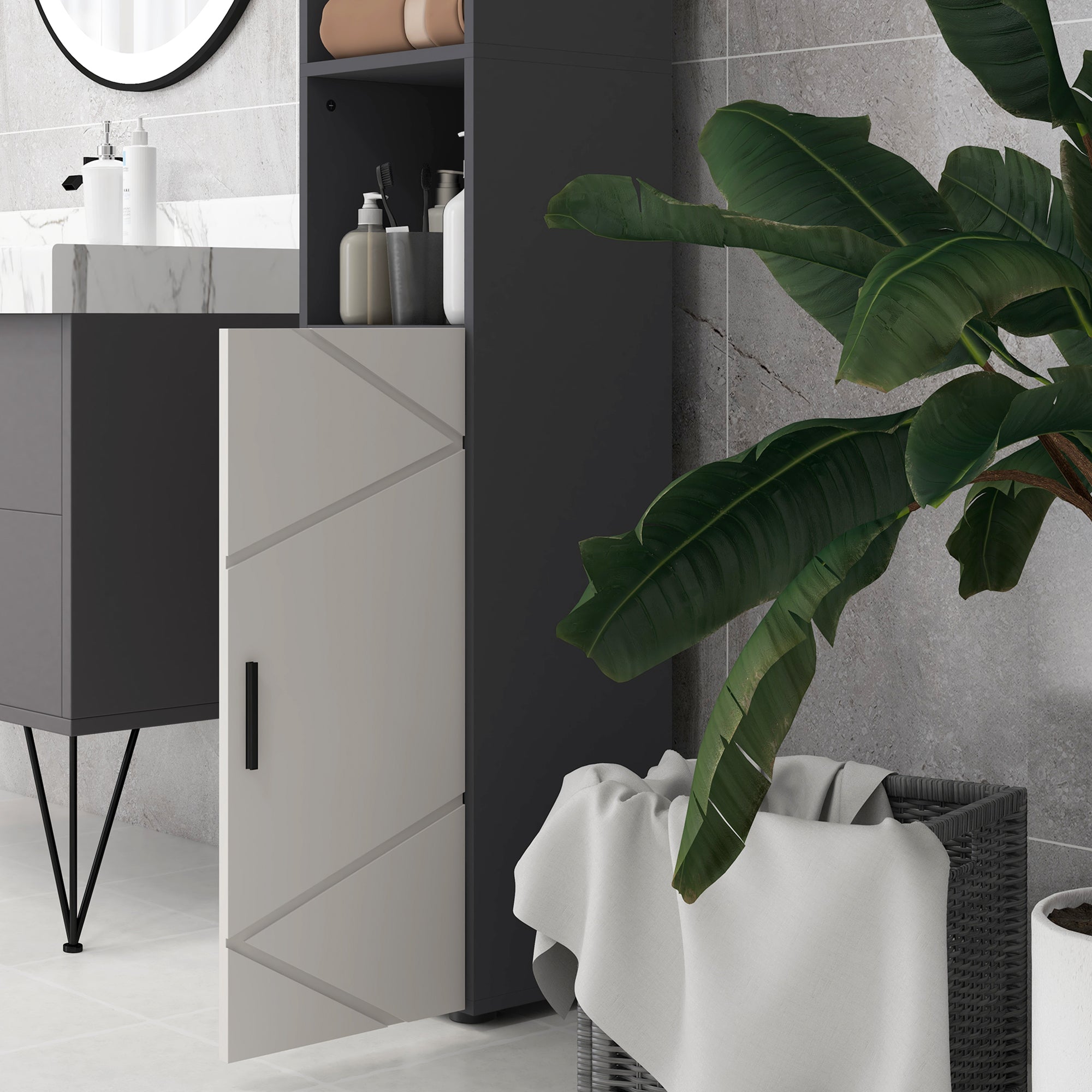 kleankin 183cm Tall Bathroom Cabinet, Narrow Bathroom Storage Cabinet with Open Shelves, 2 Doors Cabinets, Adjustable Shelves and Soft Close Mechanism, Grey - North Peak Garden Furniture