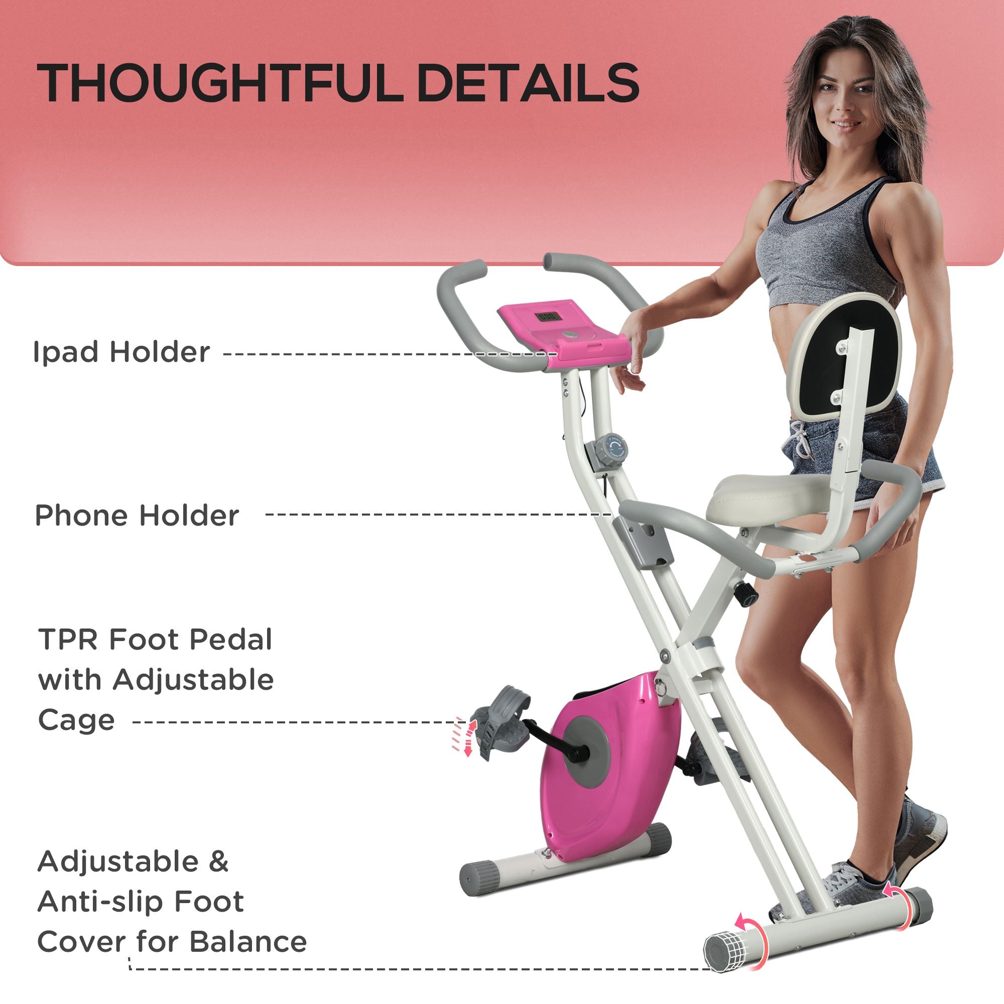 HOMCOM Folding Exercise Bike, with Adjustable Magnetic Resistance, Seat Height - White and Pink - North Peak Garden Furniture